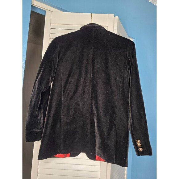 Black Velvet Blazer Jacket With Red Lining & Gold Button Details By Yuan Lu - Picture 9 of 16